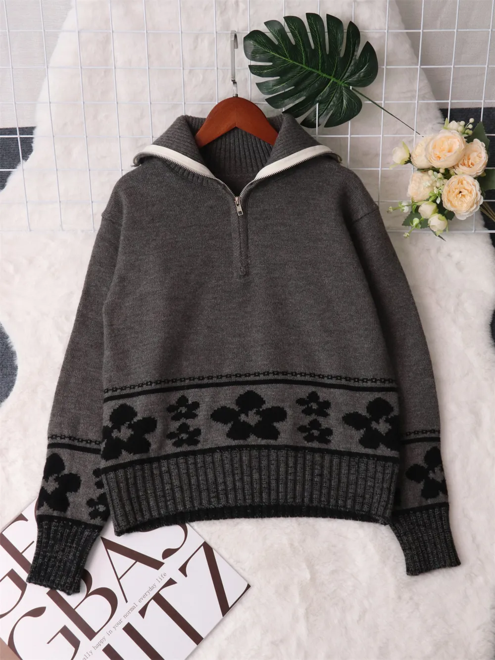Flower Zip Collar Long Sleeve Sweater, image 17
