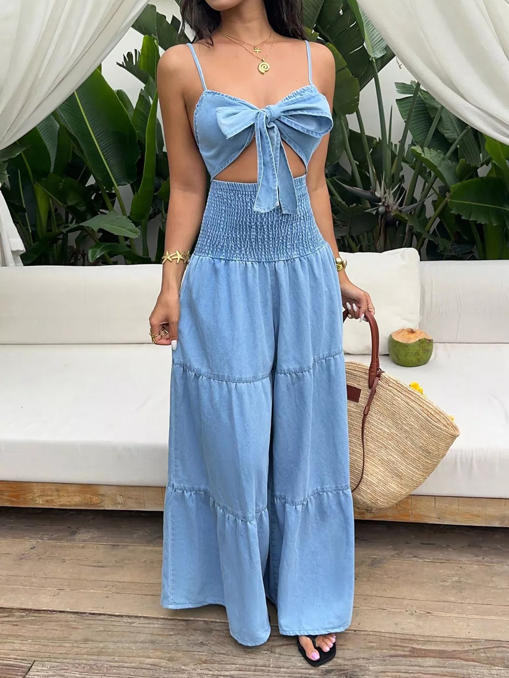 Tie-Front Cutout Smocked Wide Leg Denim Jumpsuit, image 3