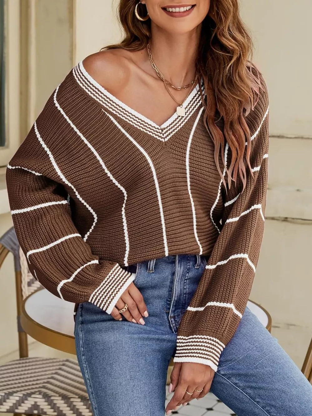 V-Neck Striped Contrast Sweater, image 2