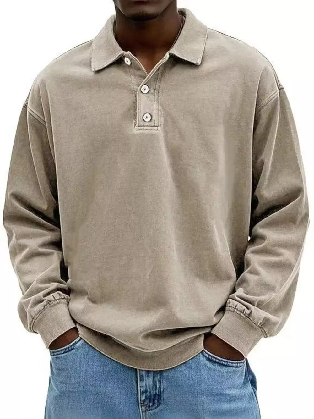 Men's Full Size Washed Long Sleeve Polo Plus Size, image 7