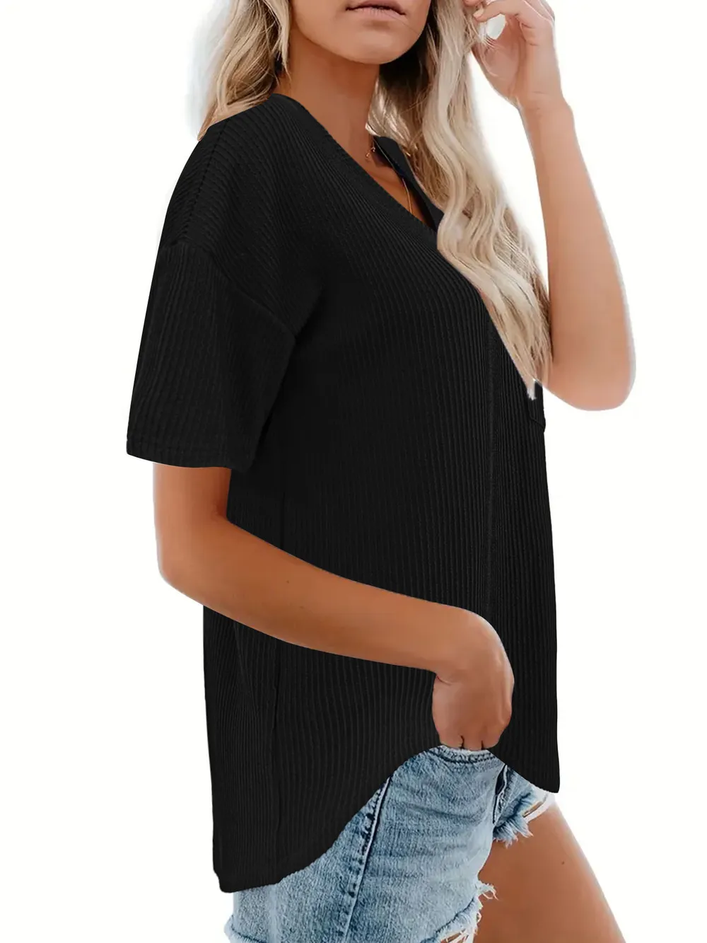 Ribbed V-Neck Oversized T-Shirt, image 11