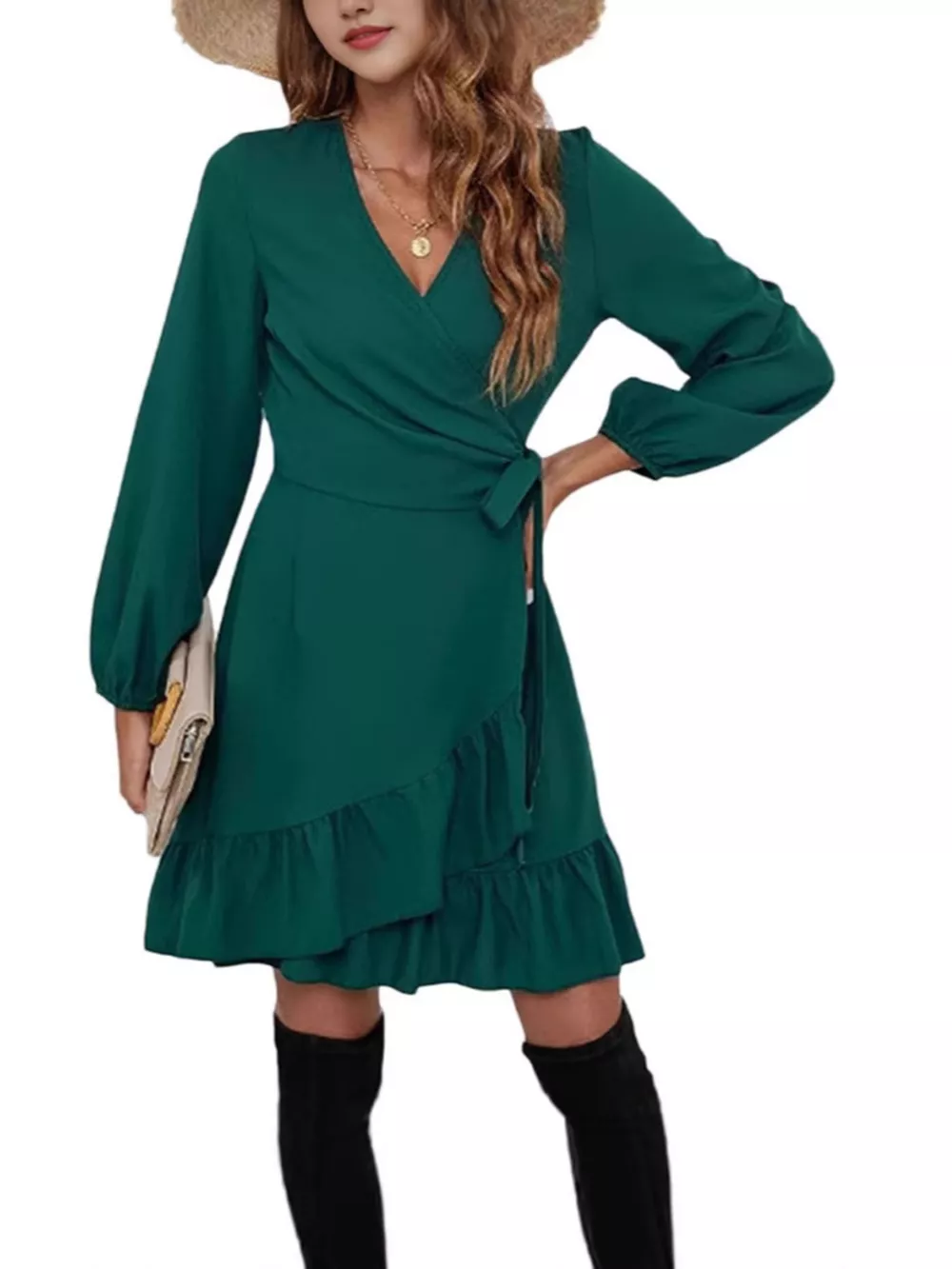Ruffle Hem Long Sleeve Wrap Dress, image 4