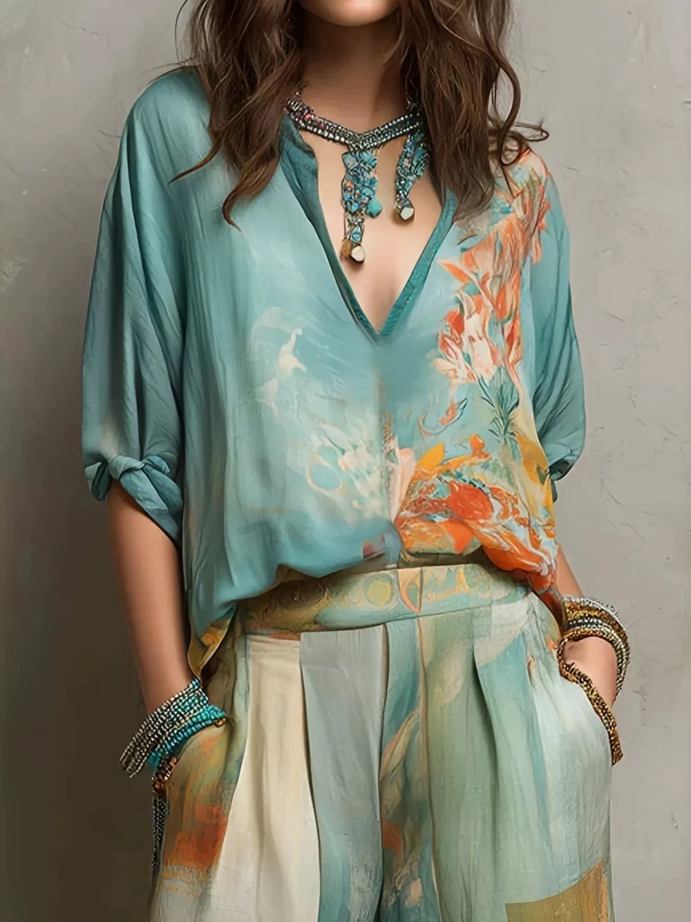 Full Size Floral Print Blouse and Wide-Leg Pants Set Plus Size, image 3