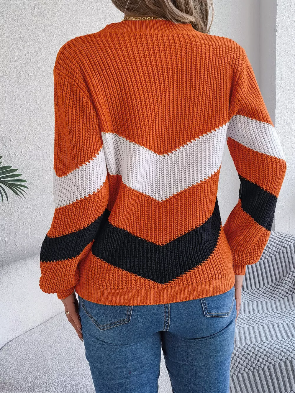 Chevron Stripe Color Block Round Neck Sweater, image 3