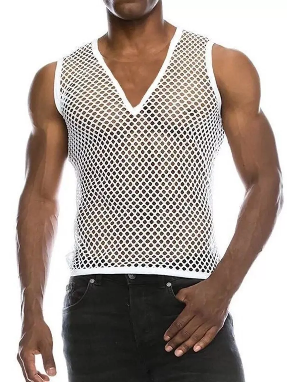 Men's Full Size V-Neck Mesh Fishnet Tank Top Plus Size