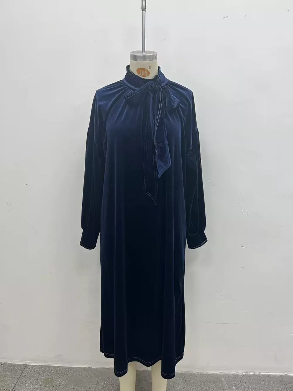 Full Size Velvet Tie-Neck Lantern Sleeve Midi Dress Plus Size, image 14