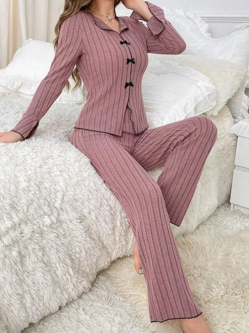 Contrast Bow Detail Top and Pants Lounge Set, image 12