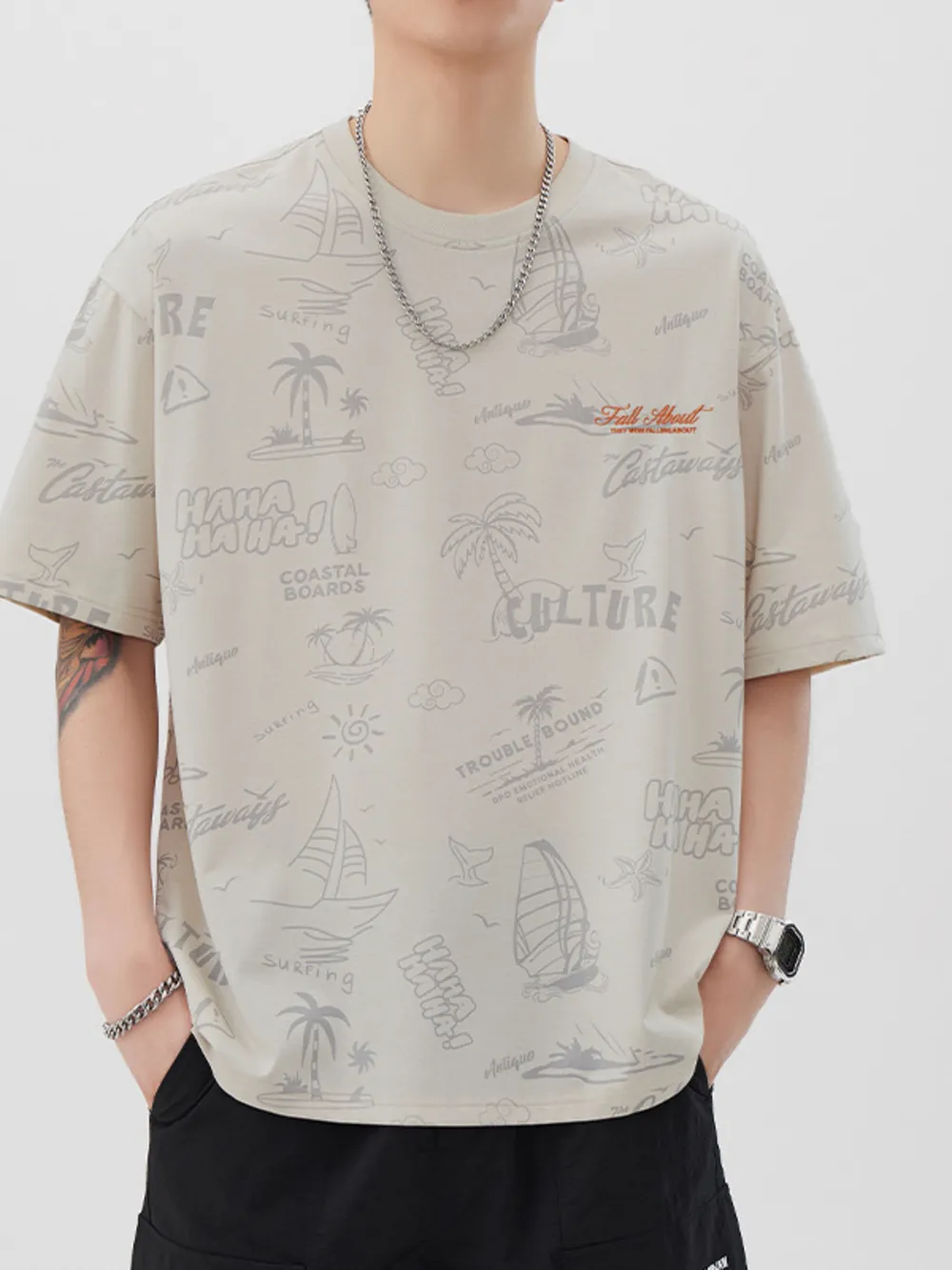 Men's Plus Size Printed Round Neck Relaxed Fit T-Shirt