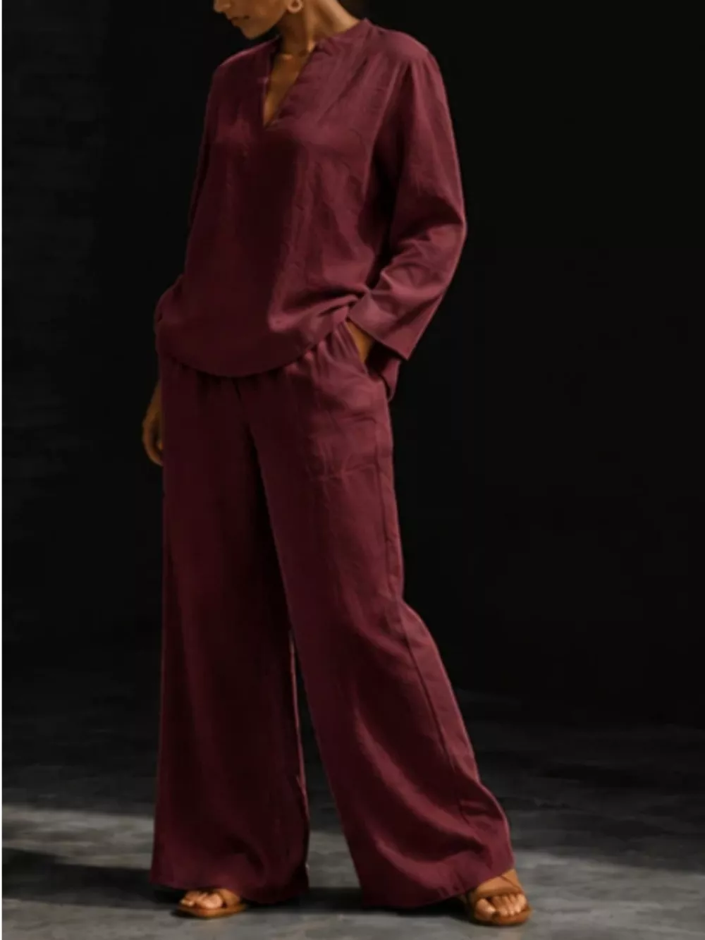 Notched Long Sleeve Top and Pants Set, image 19