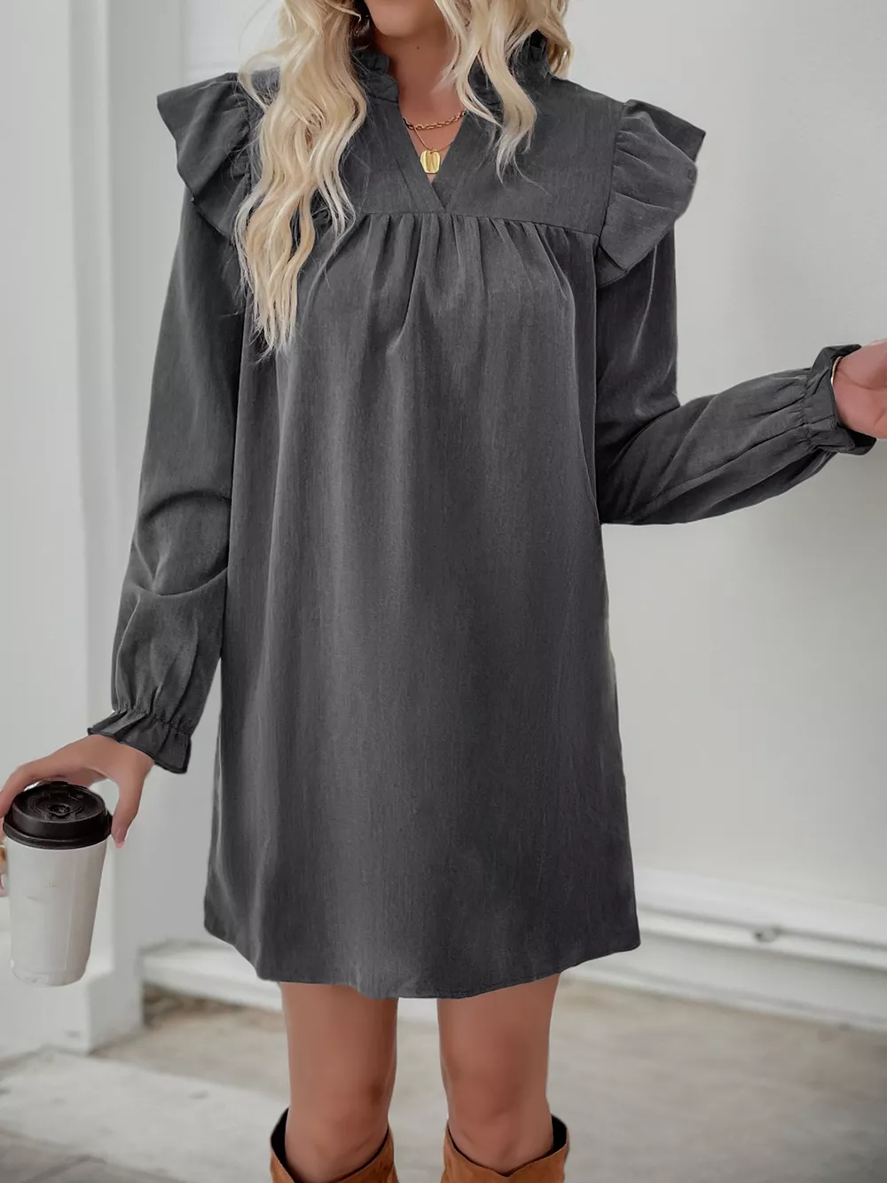 Ruffled Notched Long Sleeve Dress, image 8