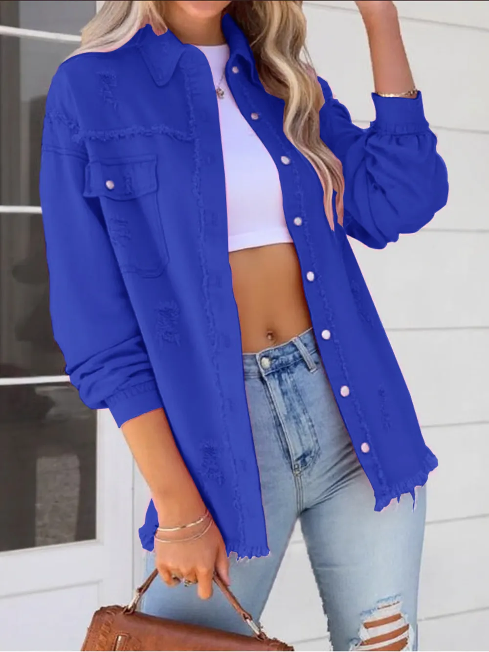 Distressed Denim Jacket with Frayed Edges, image 35