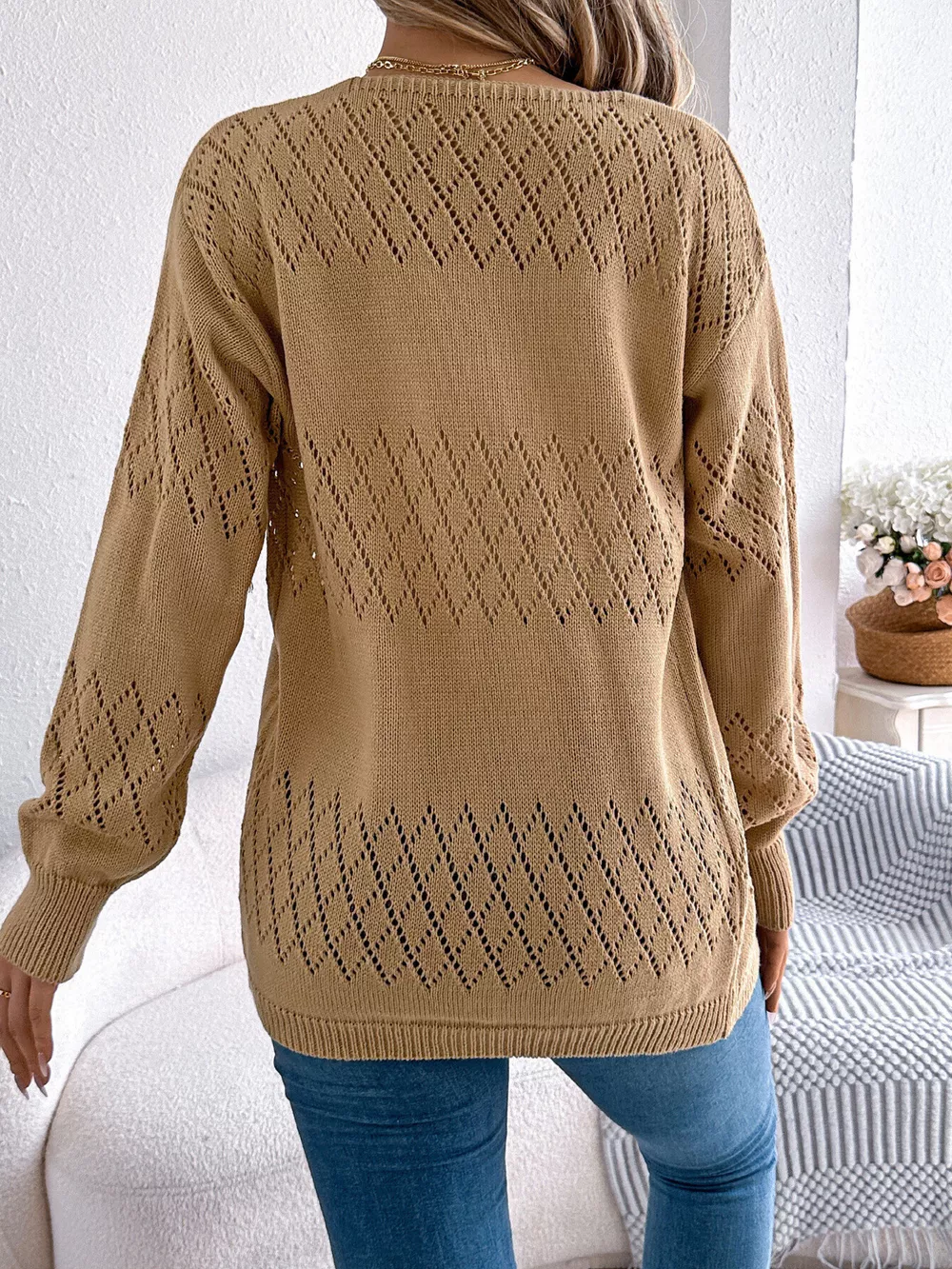 Openwork Open Front Long Sleeve Cardigan, image 3