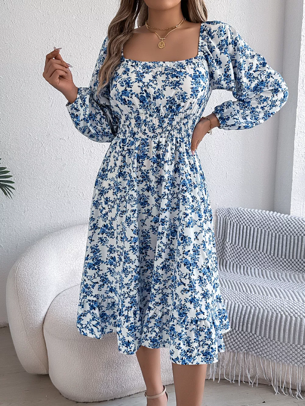Floral Print Long Sleeve Square Neck Midi Dress, image 23
