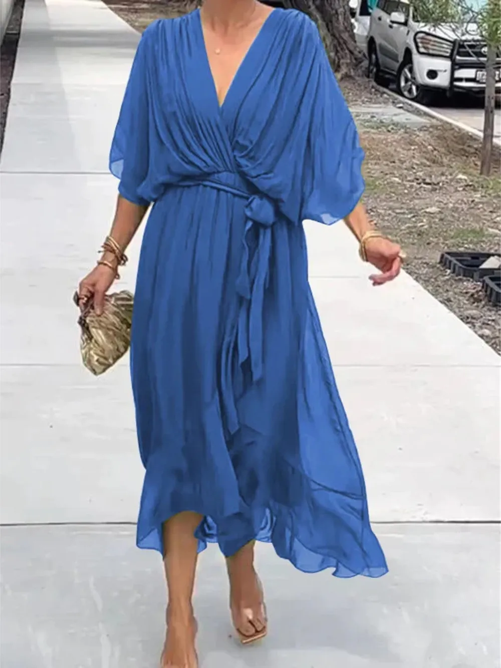 Full Size Flowy Tie Front Midi Dress with Flutter Sleeves Plus Size, image 28