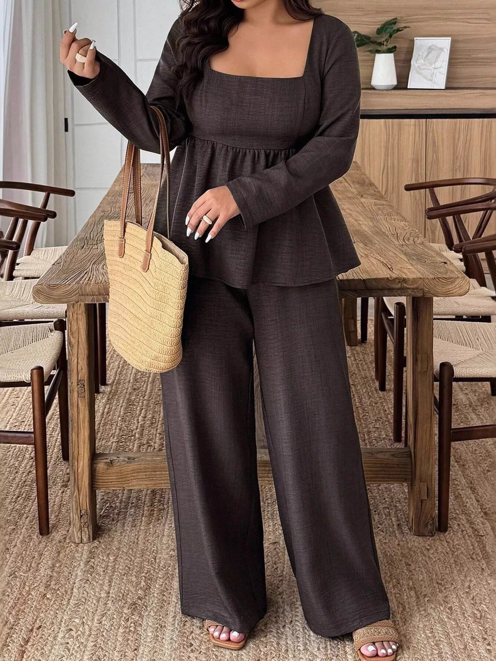 Plus Size Square Neck Long Sleeve Top and Pants Two-Piece Set, image 4