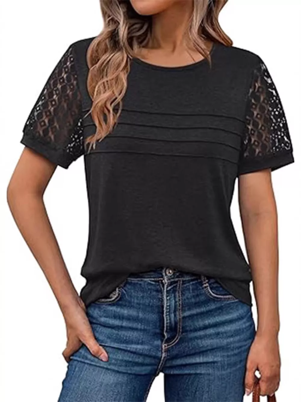 Lace Short Sleeve Round Neck T-Shirt, image 6