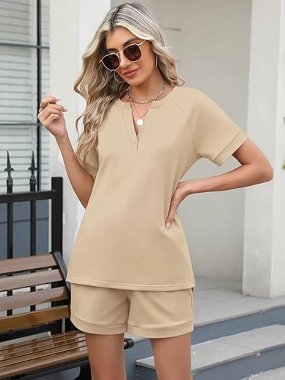 Solid Color Short Sleeve Top and Shorts Two-Piece Set, image 7