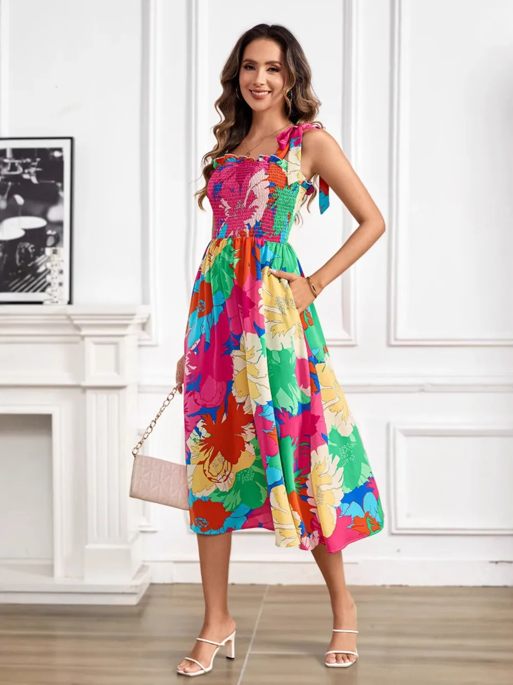 Smocked Printed Tie Shoulder Midi Dress, image 5