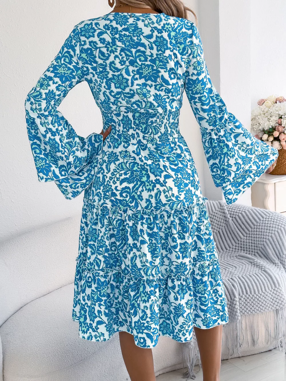 Floral Print Smocked Ruffle Hem Flared Sleeve Dress, image 11