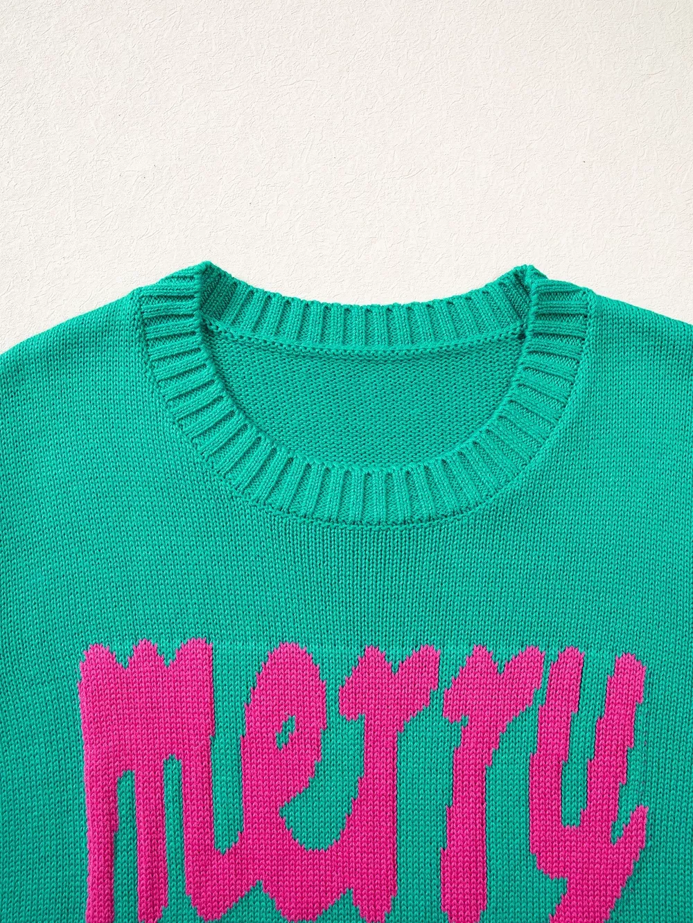 Merry Print Ribbed Trim Round Neck Loose Fit Sweater, image 19