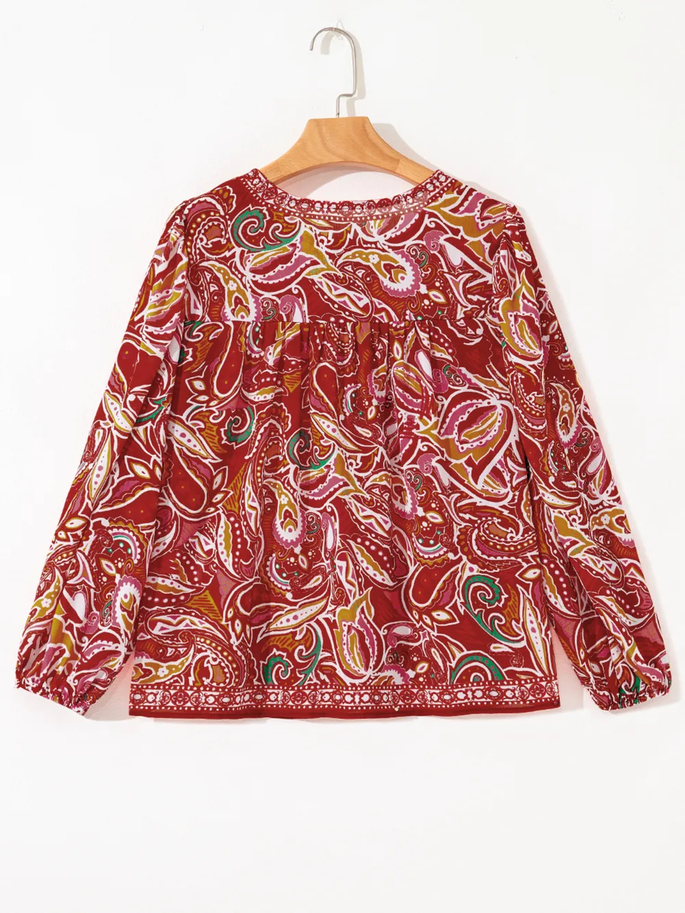 Multicolour Ethnic Paisley Print Tassel Tie Puff Sleeve Boho Blouse, image 12