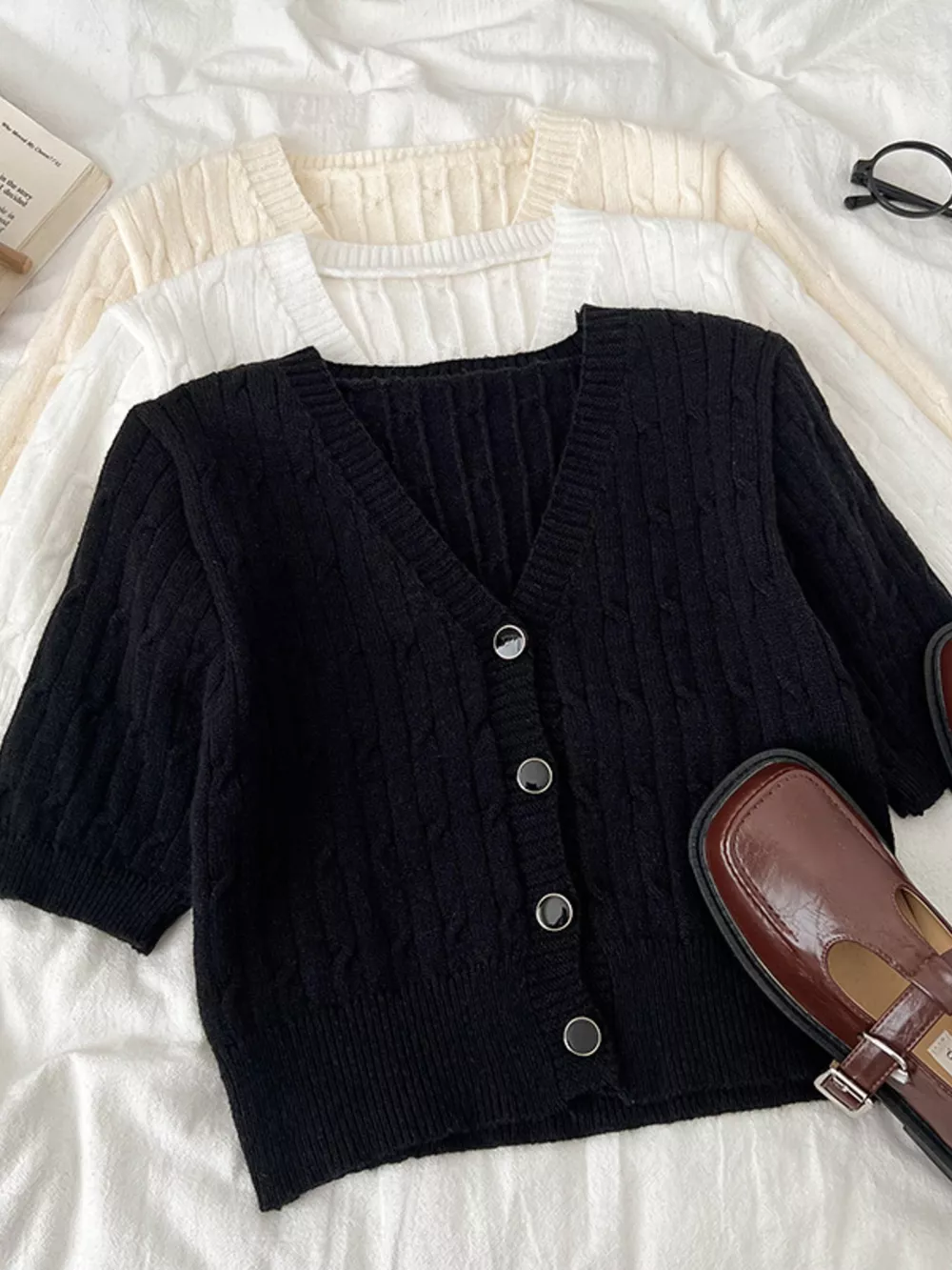 Texture Knit Button Down Cardigan, image 3