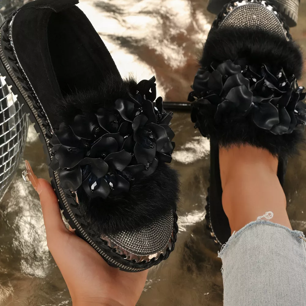 Fur-Trimmed Rhinestone Loafers, image 3
