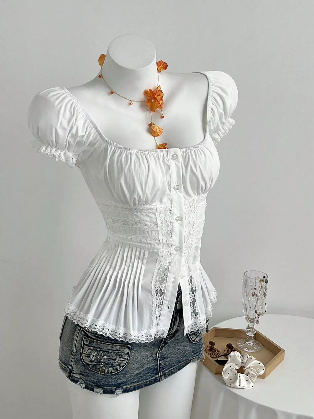 Lace Button Up Short Sleeve Shirt, image 5