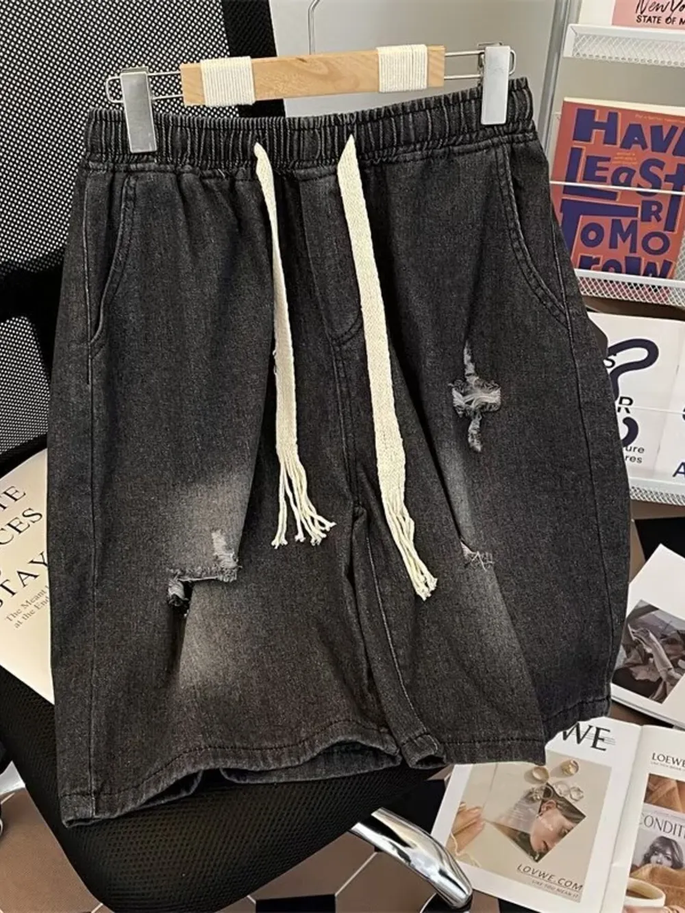 Men's Full Size Distressed Drawstring Denim Shorts Plus Size