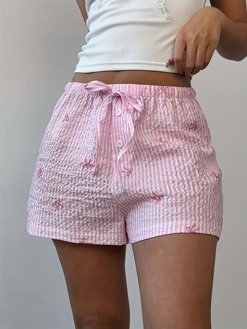Bow Striped Drawstring Casual Shorts, image 5