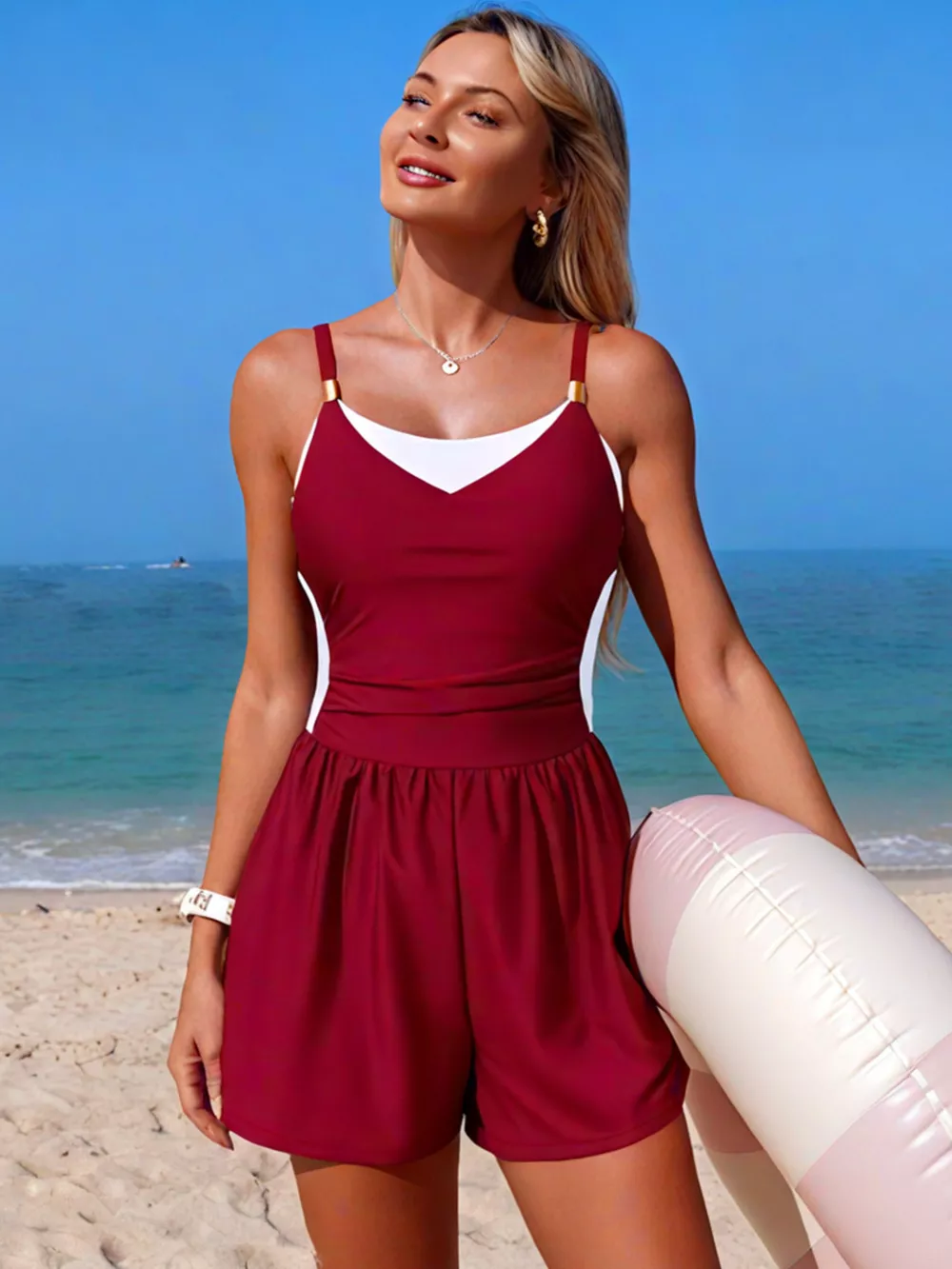 Color Block Adjustable Strap One-Piece Swimsuit, image 17