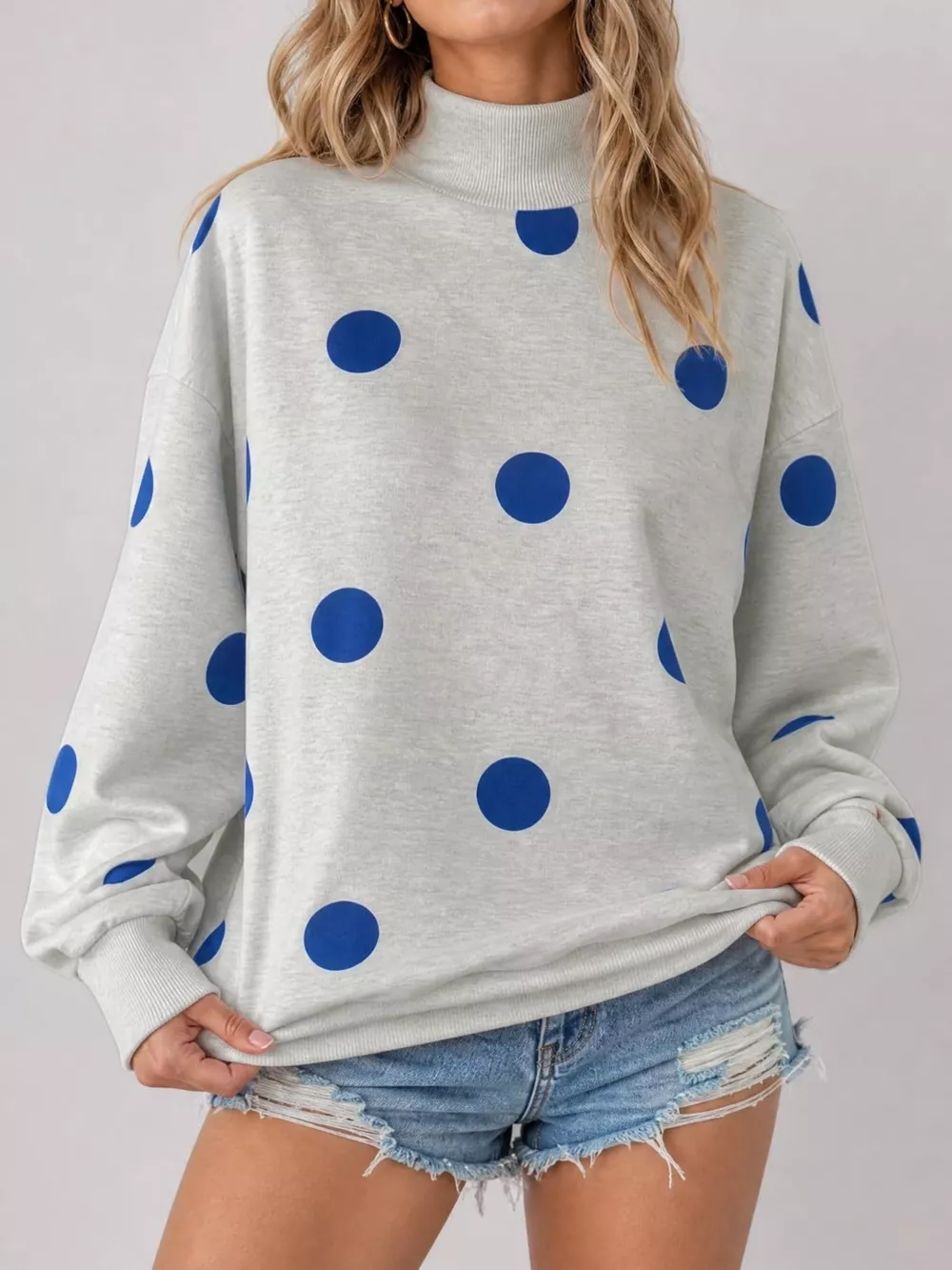 Mock Neck Polka Dot Print Oversized Sweatshirt, image 2