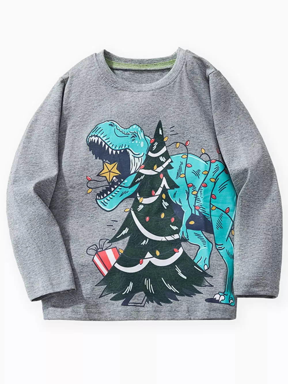 Children's Dinosaur Christmas Tree Graphic Long Sleeve T-Shirt, image 2