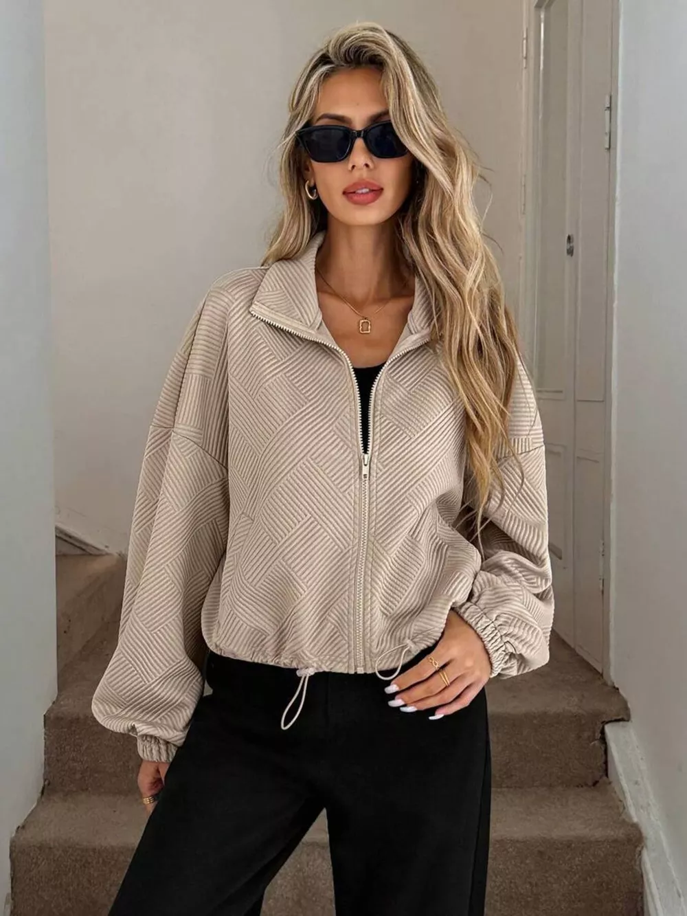 Drawstring Hem Textured Long Sleeve Jacket, image 25
