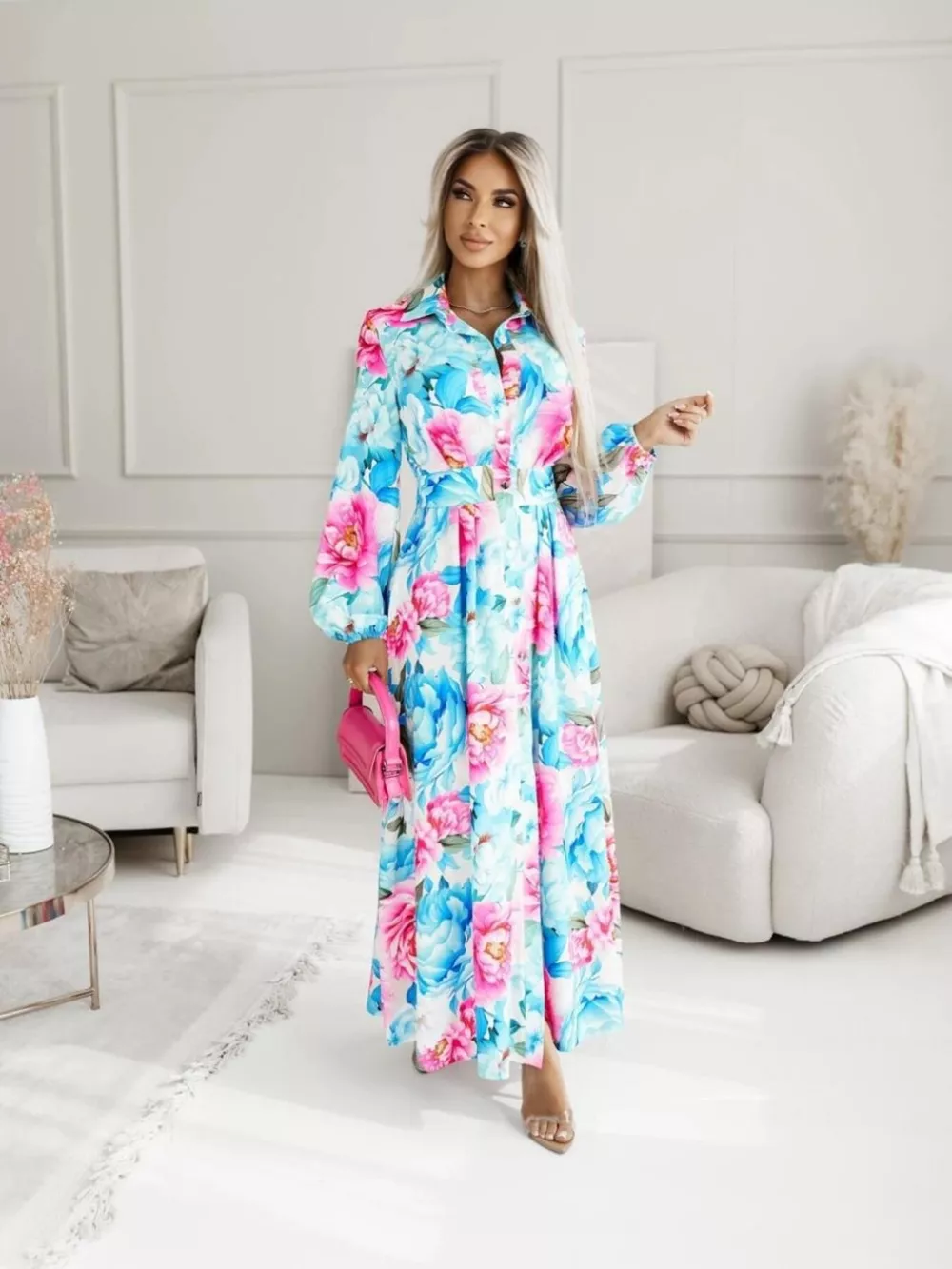 Printed Button Front Maxi Shirt Dress, image 24