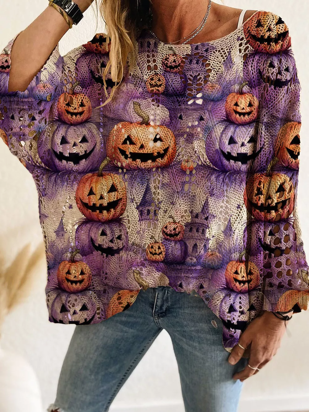 Full Size Halloween Pumpkin Loose Knit Cover Up Plus Size, image 7