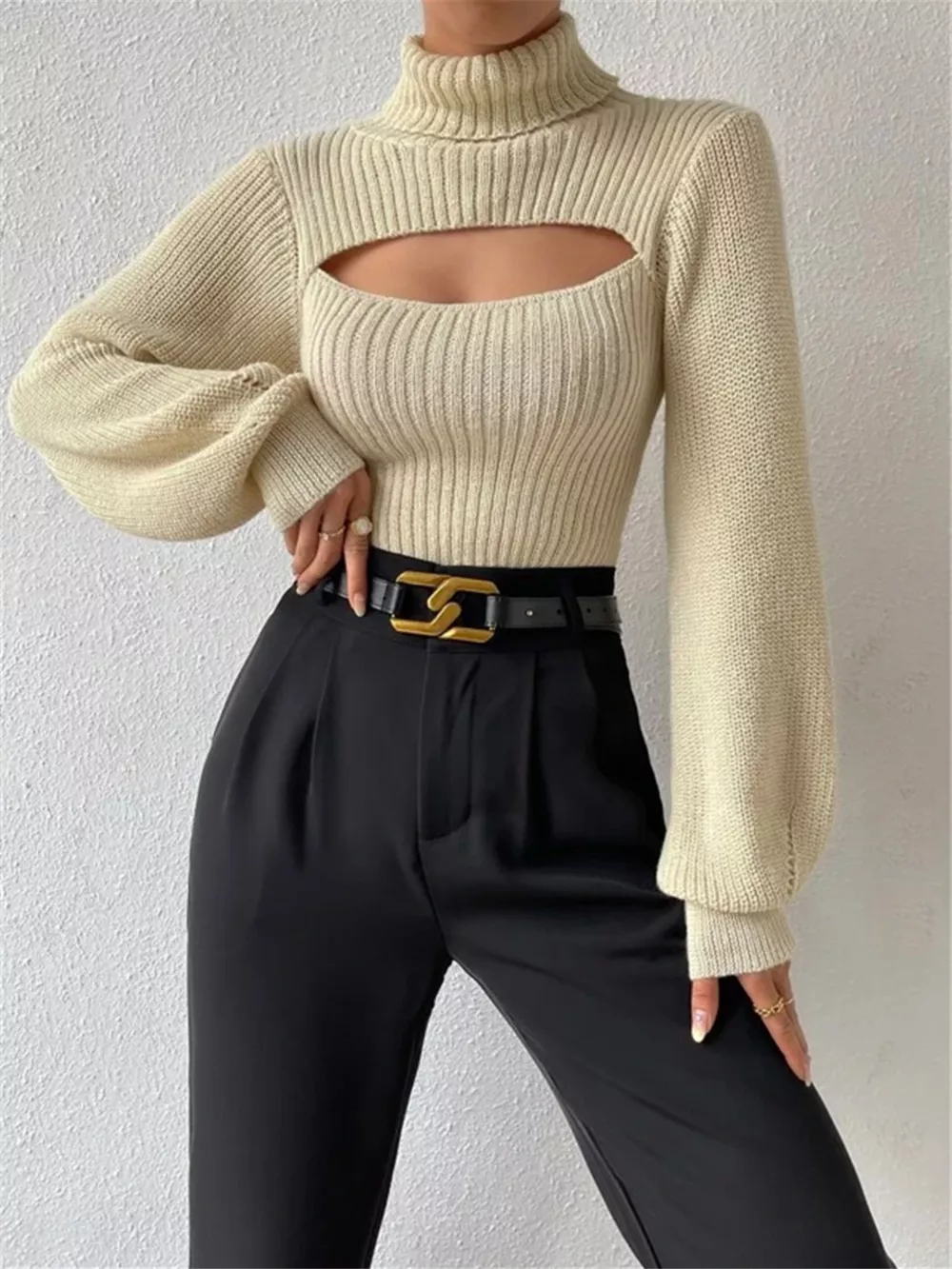 Cutout Front Turtleneck Long Sleeve Sweater, image 3