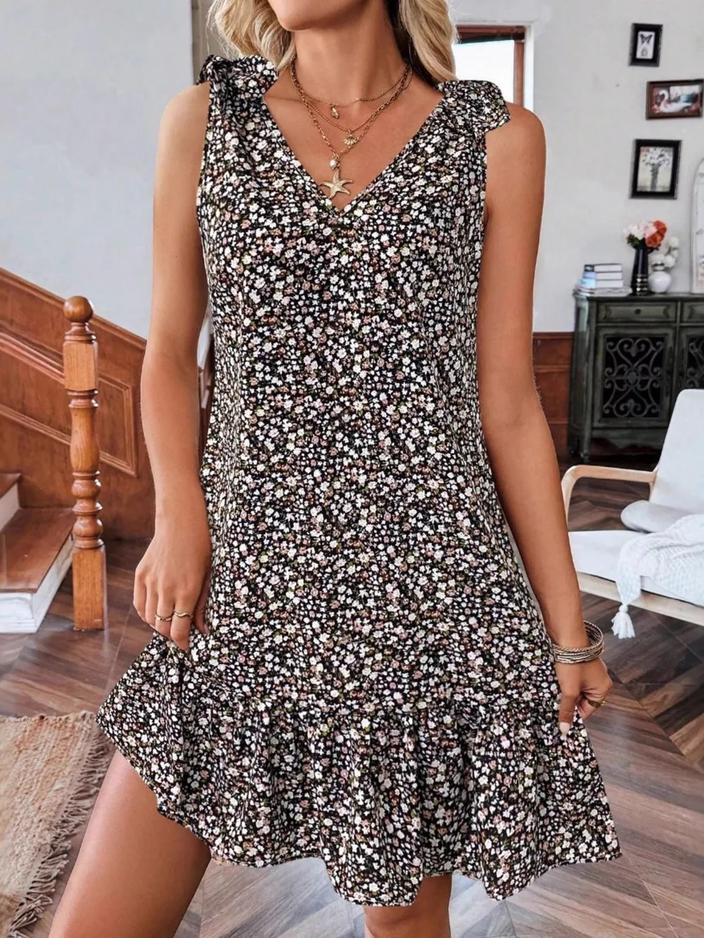 Floral Print Tie Strap Ruffle Hem Mini Dress, image 10