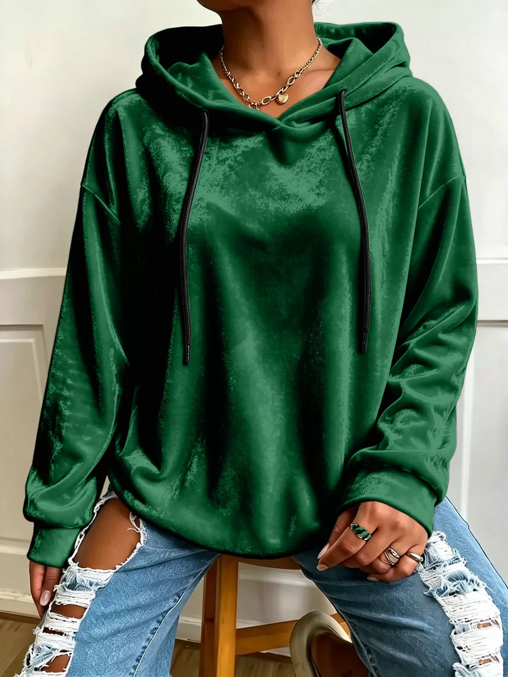 Plus Size Velvet Drawstring Dropped Shoulder Hoodie, image 9