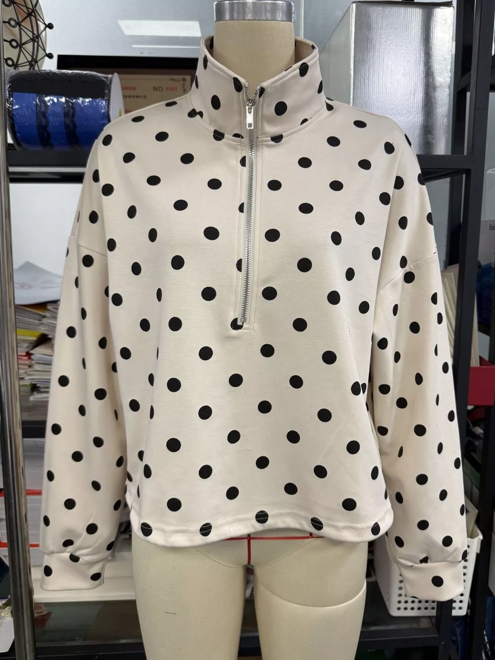 Polka Dot Half Zip Cropped Sweatshirt, image 12