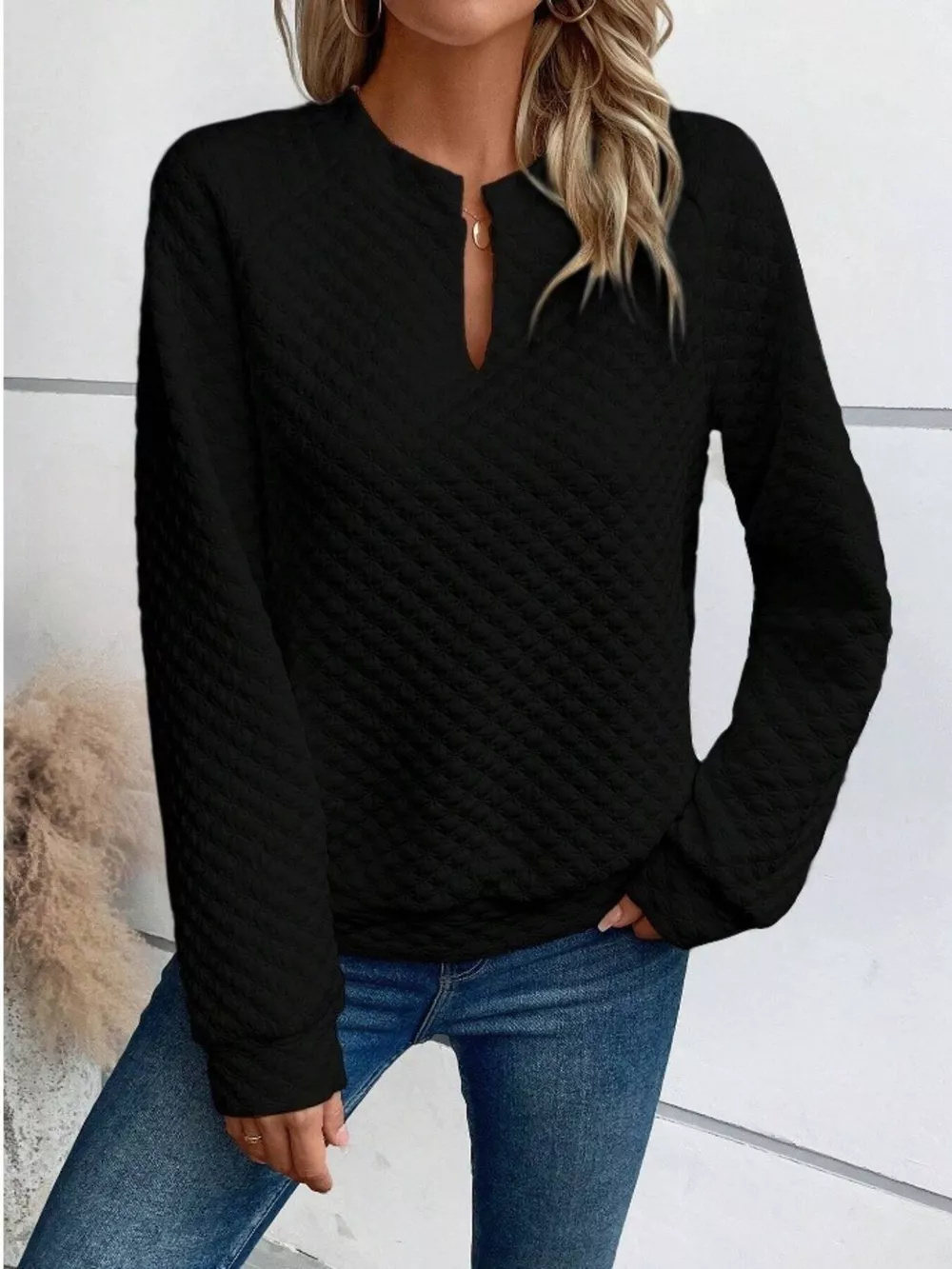 Textured Notched Raglan Sleeve Sweatshirt, image 5
