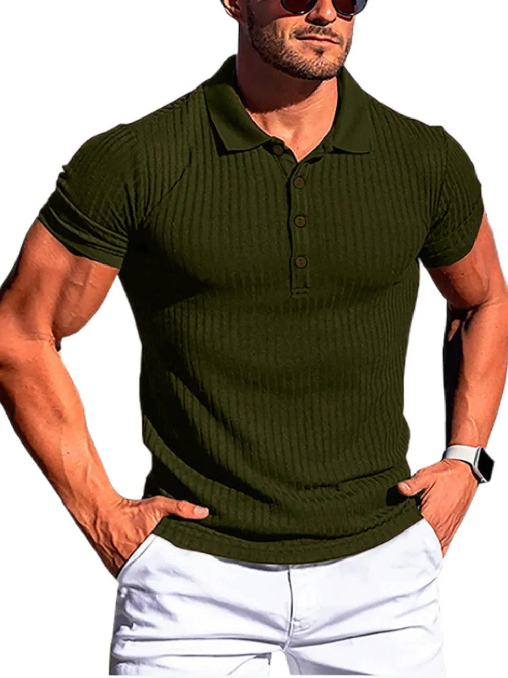 Men's Full Size Ribbed Button Detail Short Sleeve Polo Plus Size, image 9