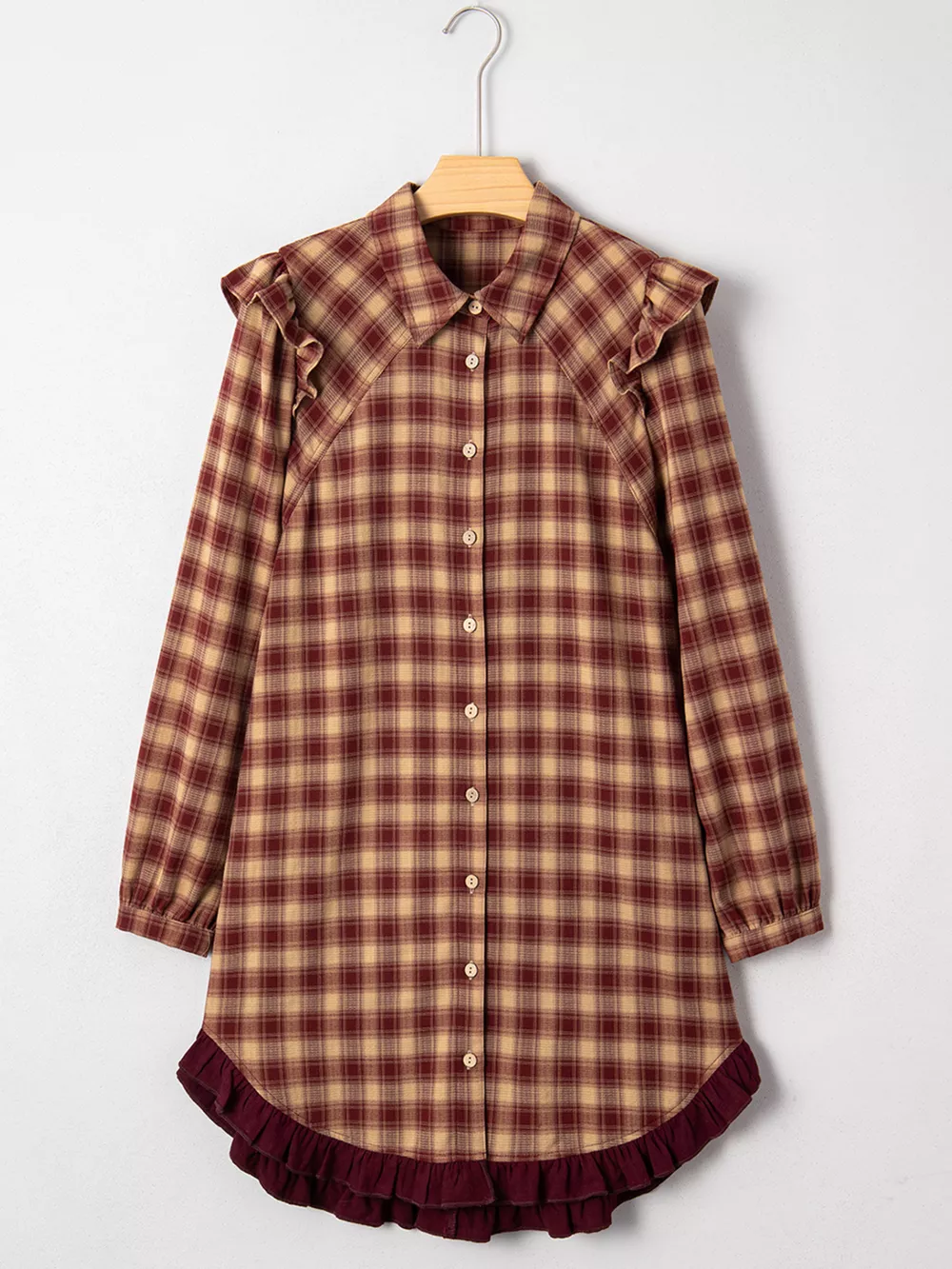 Plaid Print Ruffled Long Sleeve Patchwork Hem Mini Shirt Dress, image 13