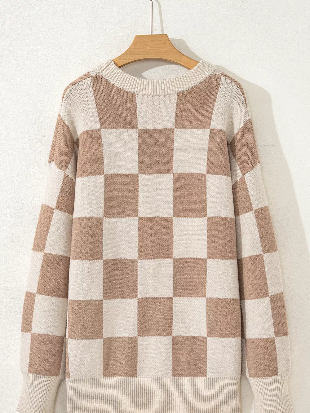 Checkered Pattern Ribbed Trim Knit Baggy Sweater, image 7