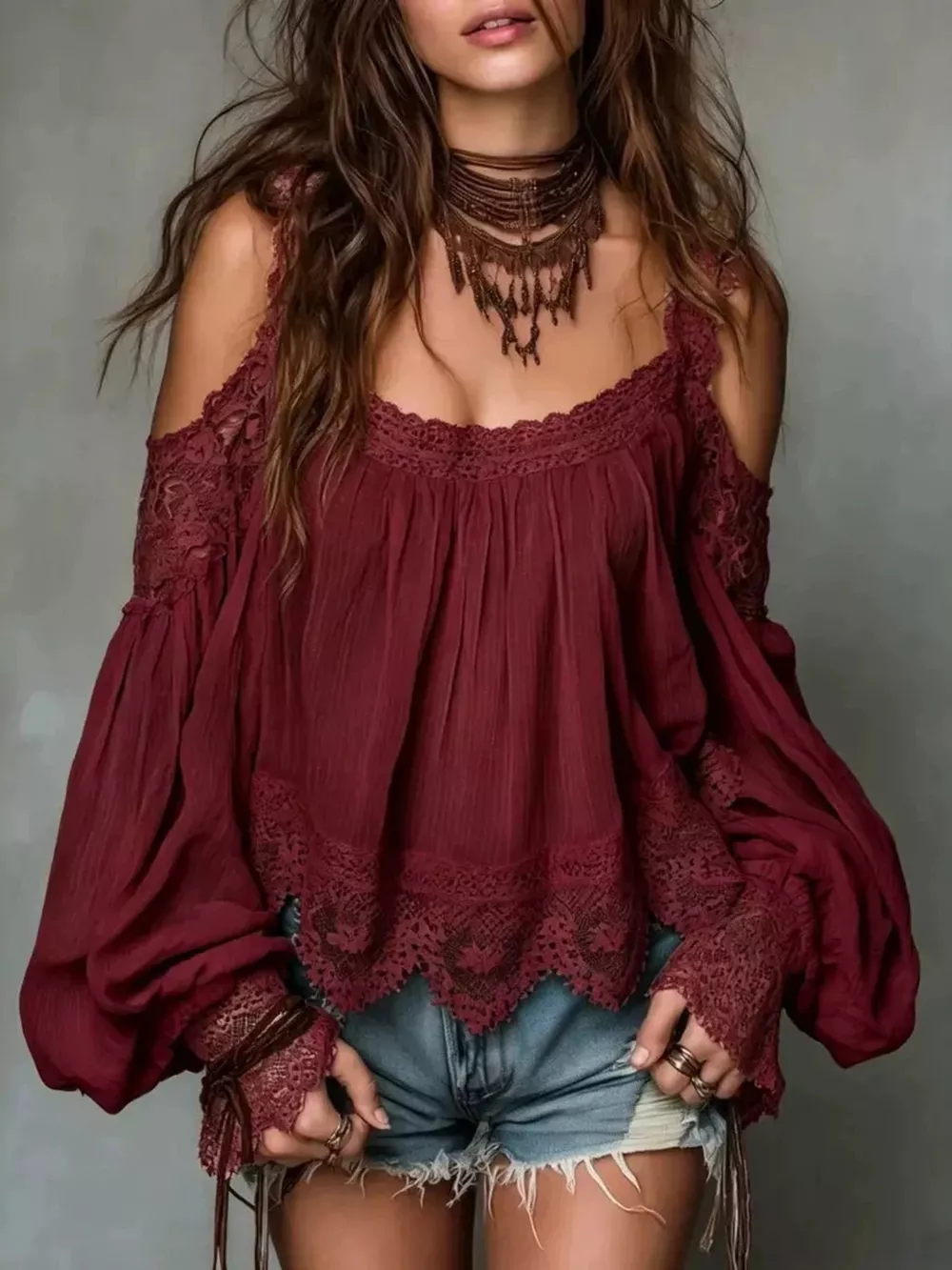 Lace Trim Cold Shoulder Blouse, image 3