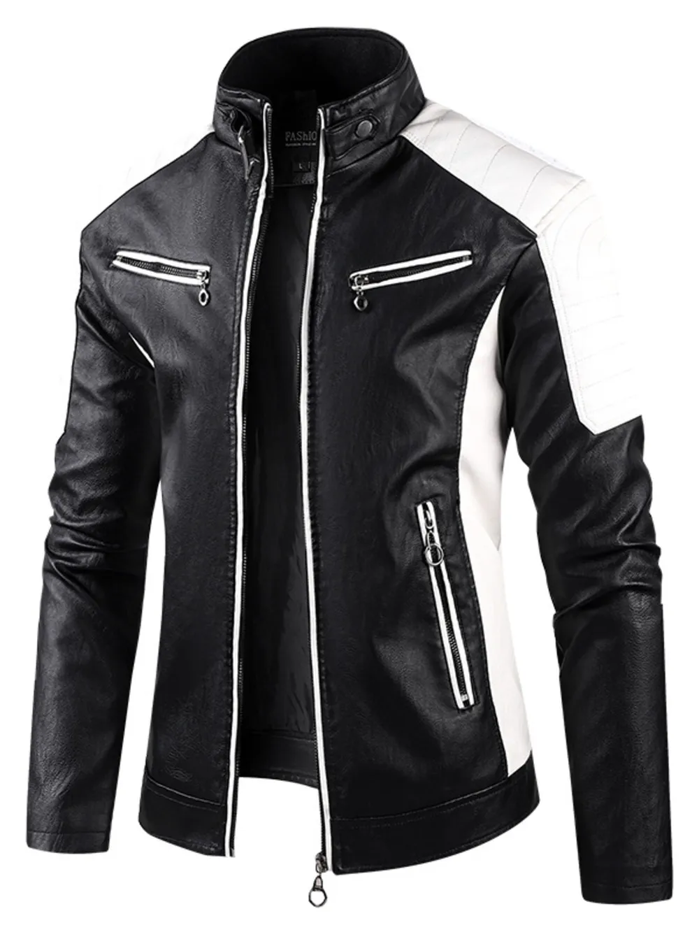 Men's Plus Size Color Block Leather Jacket, image 6