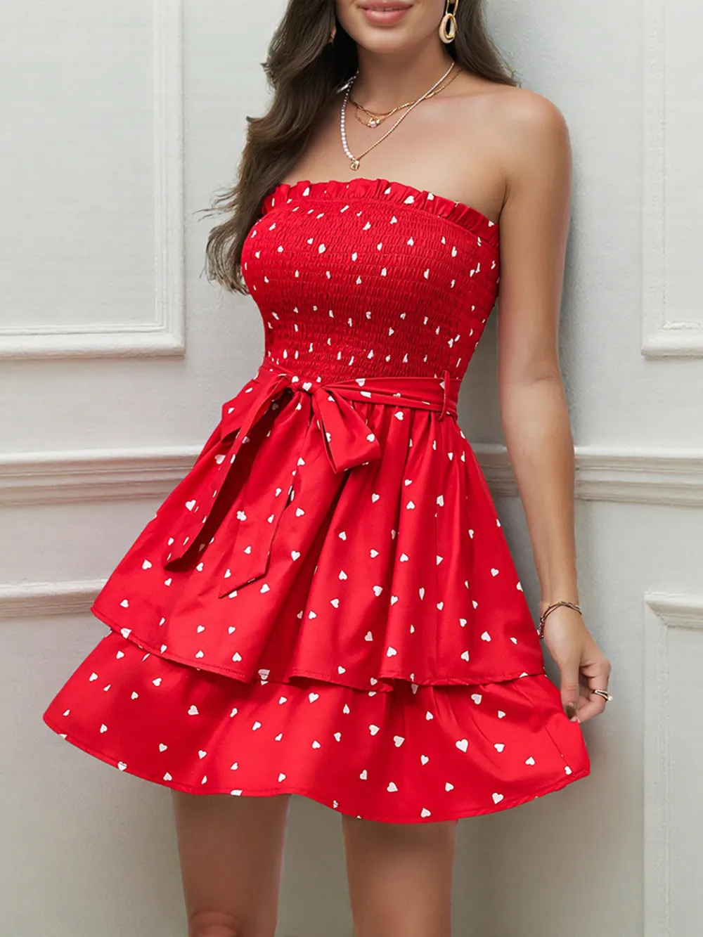 Smocked Heart Print Tube Dress, image 6