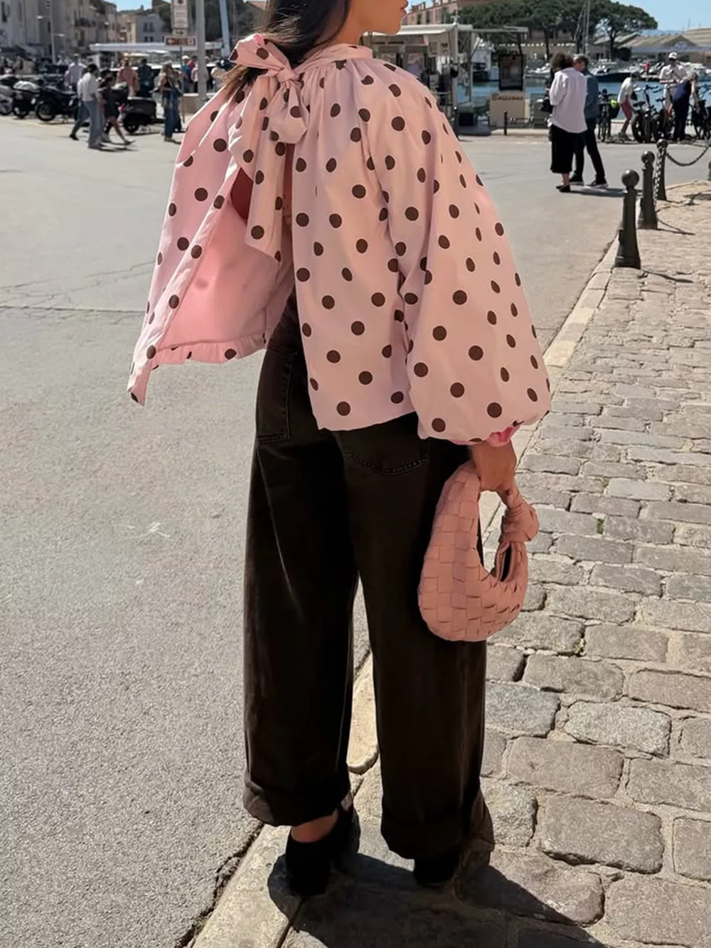 Polka Dot Open-Back Tied Blouse, image 4