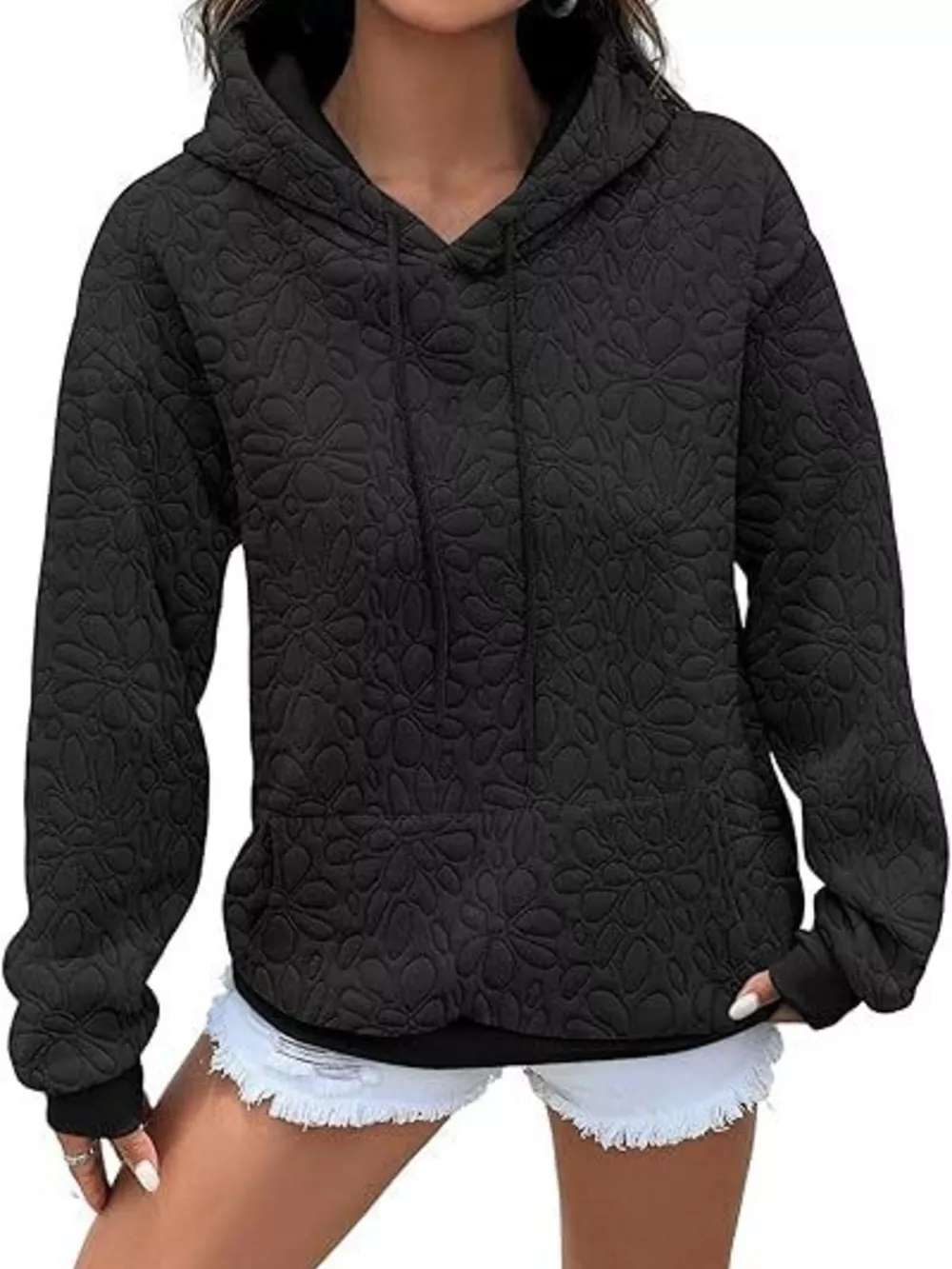 Textured Floral Embossed Drawstring Hoodie, image 3