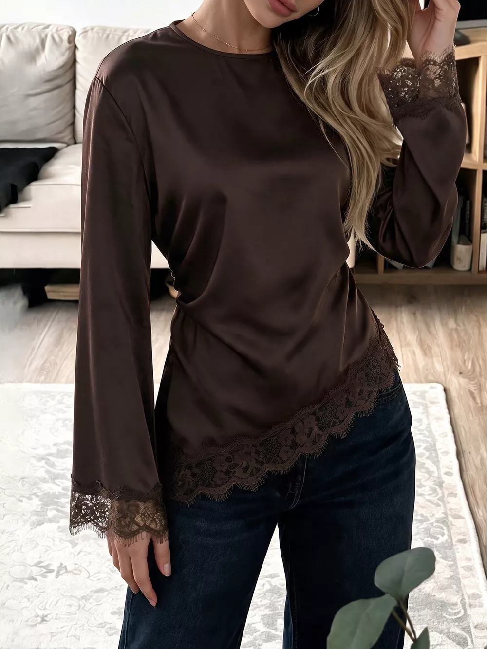 Lace Trim Long Sleeve Satin Blouse, image 3